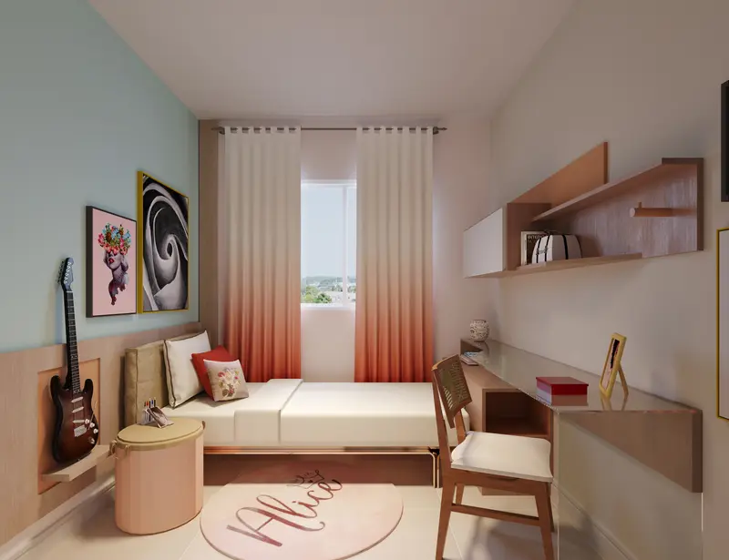 Quarto decorado como quarto jovem no apartamento Tipo A