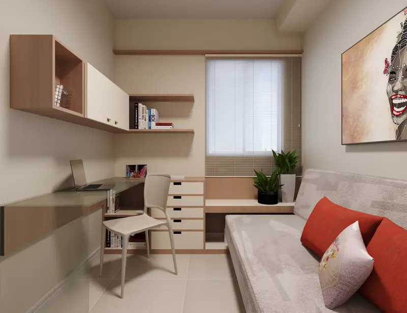 Quarto reversível decorado como home office no apartamento Tipo A