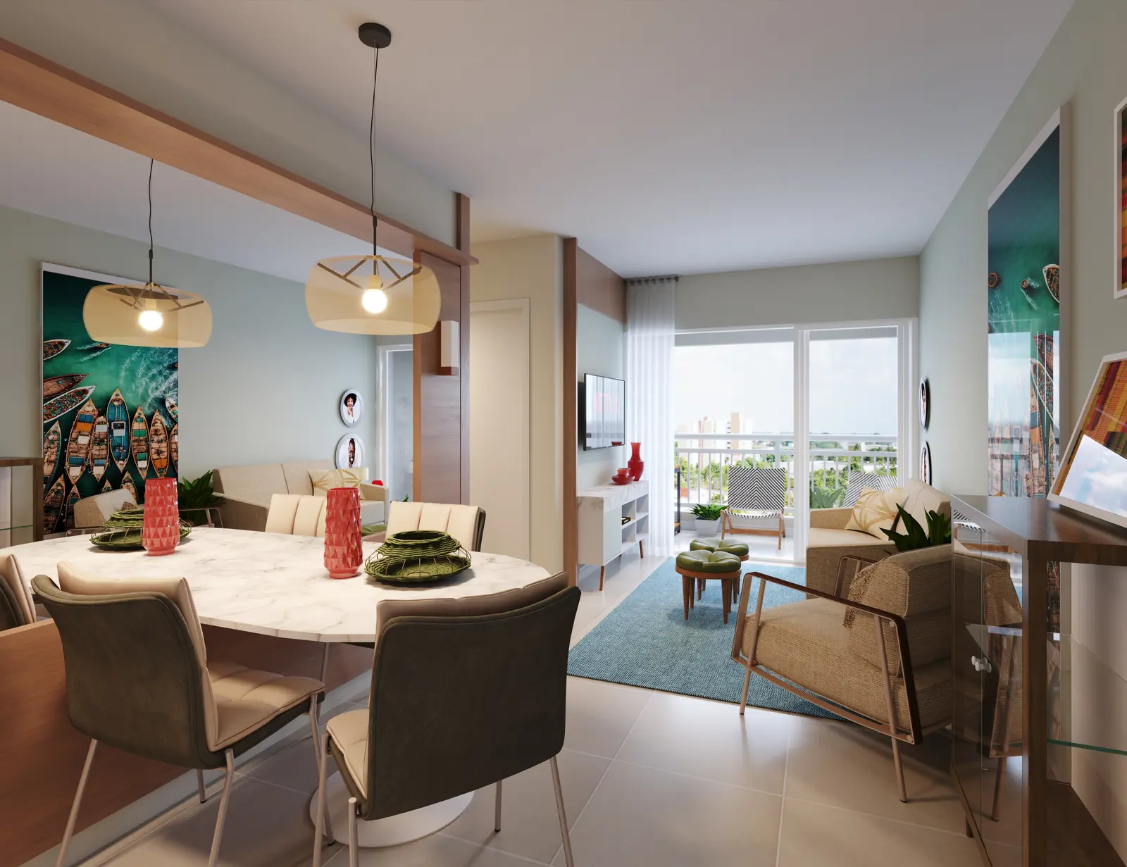 Sala de estar e jantar decorada do apartamento, integrada à varanda com vista para a cidade