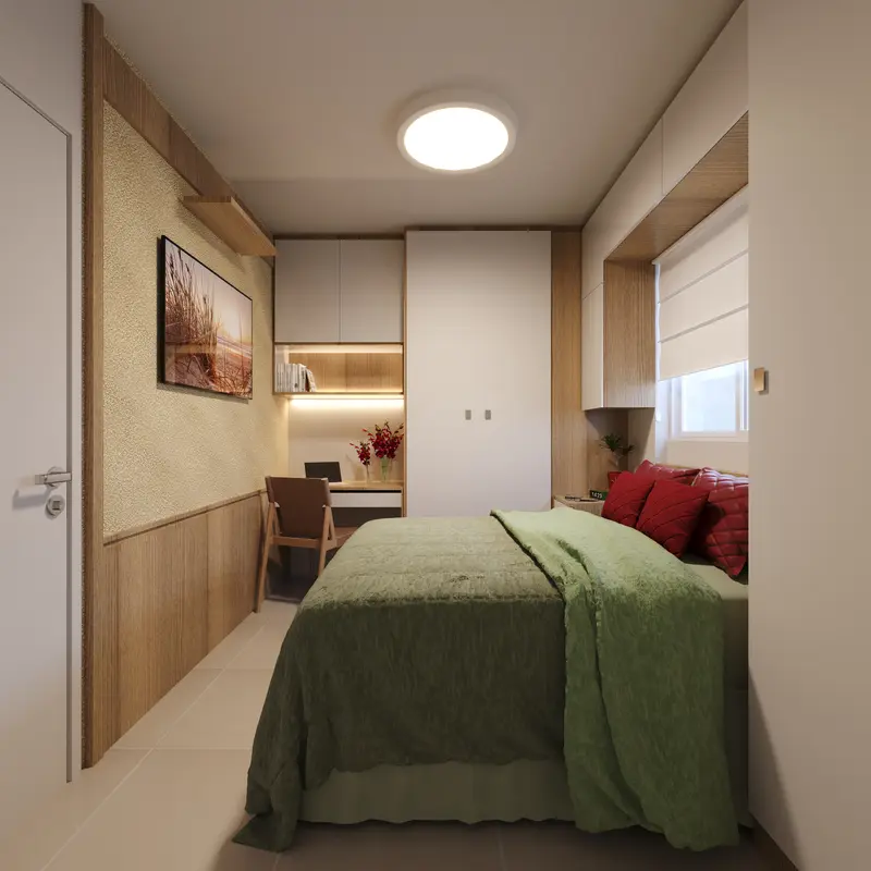 Quarto do apartamento Tipo B com bancada de estudos