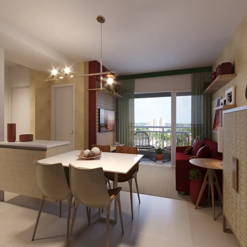 Sala de estar e jantar do apartamento Tipo B com varanda