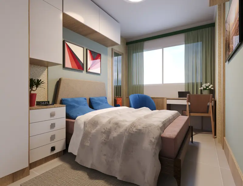 Suíte do apartamento Tipo B com escrivaninha
